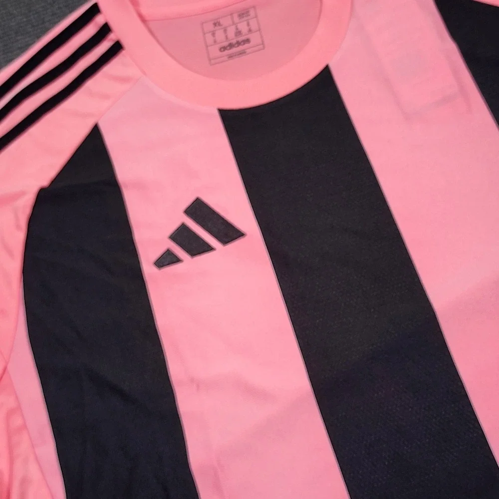 Adidas Soccer Jersey Mens XL Pink Black Striped Aeroready Slim Fit Athletic
